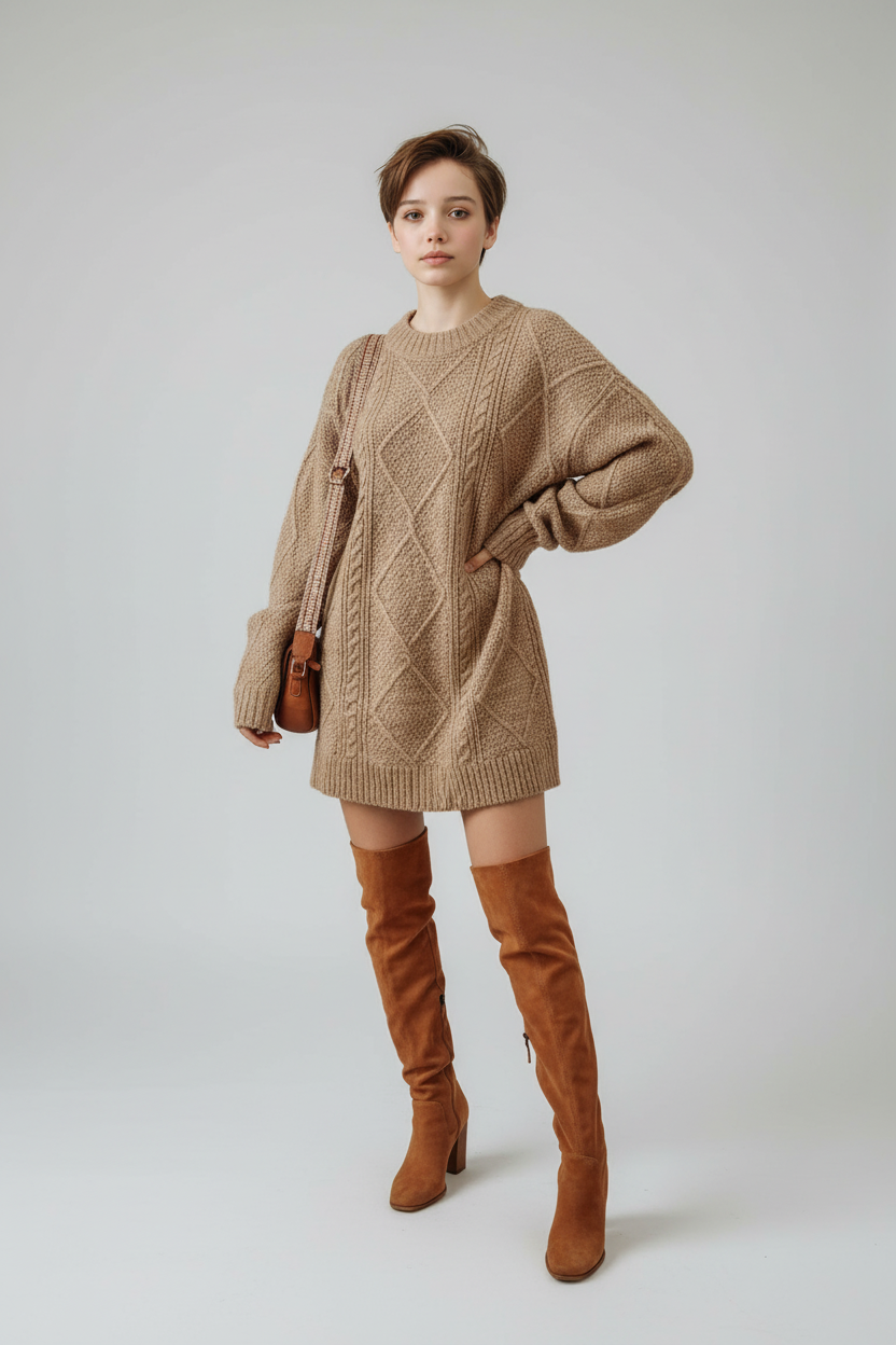 Cable-Knit Round Neck Sweater Dress