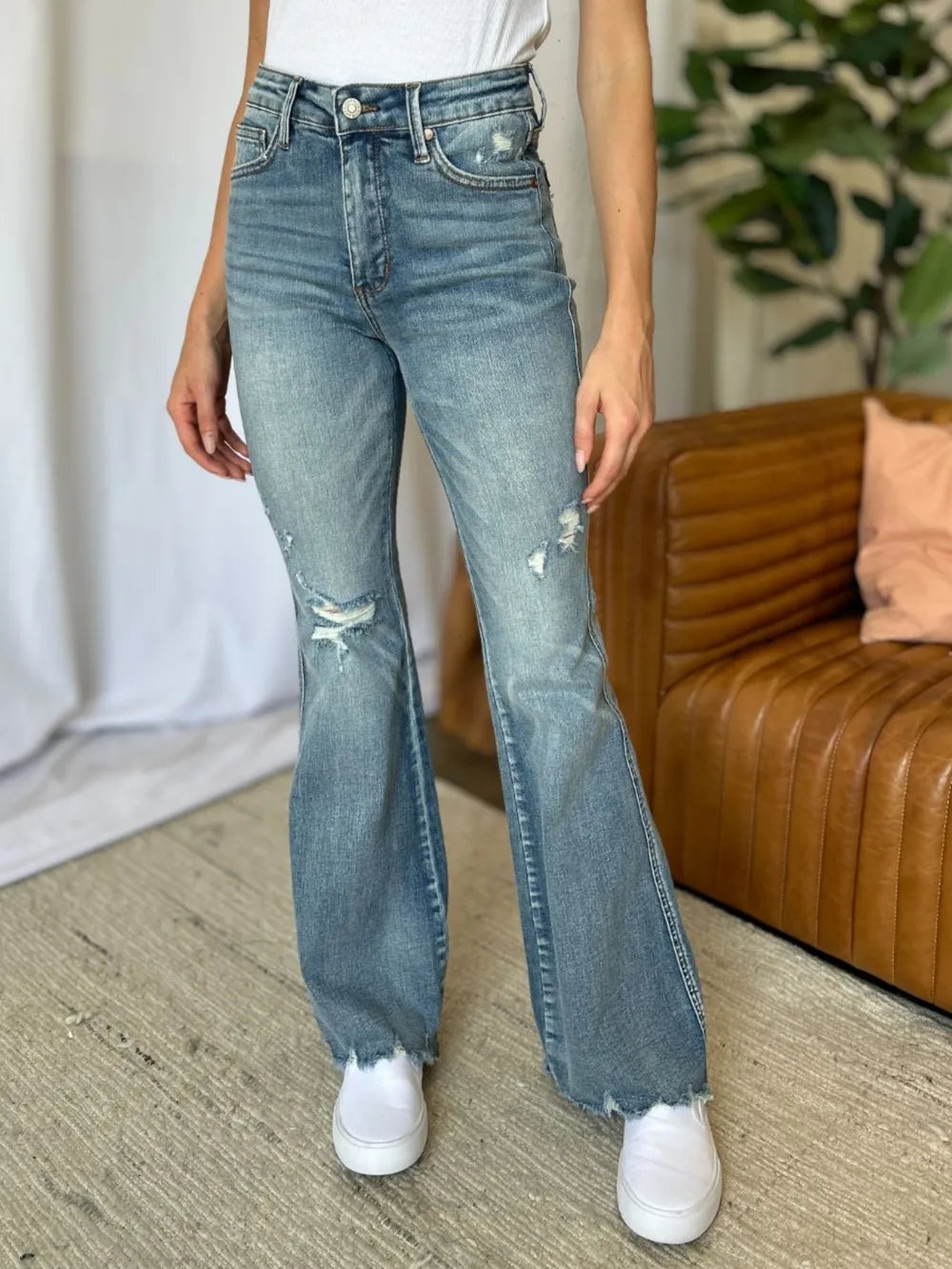 Judy Blue tummy-control destroy flare jeans—slimming, stylish, and comfy for everyday confidence at Allen Monsieur. Free worldwide shipping!